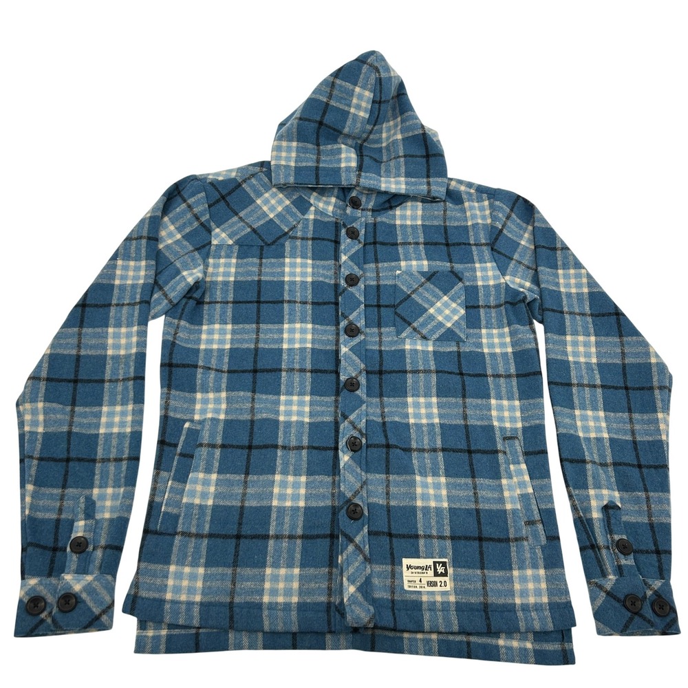 YoungLA Flannel Shirt Jacket Mens Large Blue Plaid Hooded Shacket Streatwear‎